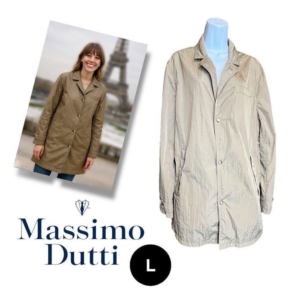Massimo Dutti Women's Underarm Vent Nylon Mid Length Trench Coat Tan Size Large